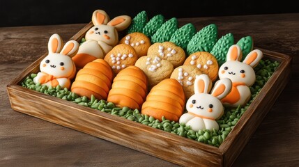 Obraz premium A colorful tray of decorated cookies featuring adorable bunnies and vibrant carrots, perfect for celebrating Easter festivities.