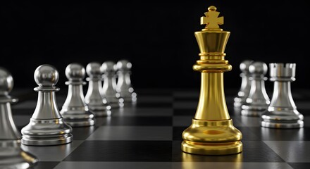 Golden Chess King Standing Among Chess Pieces: Leadership, Courage, and Business Strategy Concept