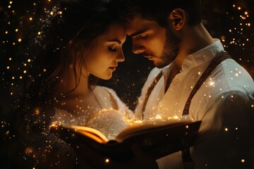Couple reading a magical book emanating light in a romantic setting at dusk