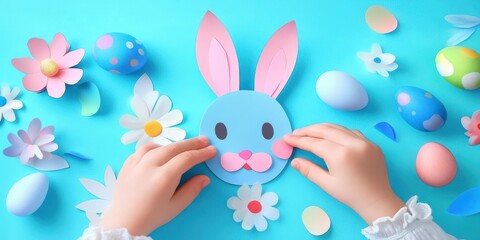 Obraz premium A creative arrangement of paper flowers and Easter eggs forming a charming bunny figure for the festive celebration of Easter.
