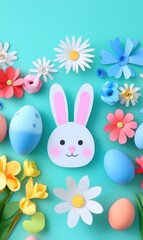 Obraz premium Colorful paper flowers and a bunny decorate a blue surface, capturing the festive spirit of Easter celebrations.