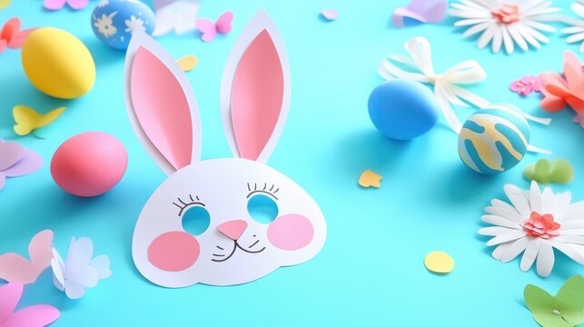 A colorful paper bunny mask featuring a cheerful face, perfect for Easter celebrations and festivities. - Powered by Adobe