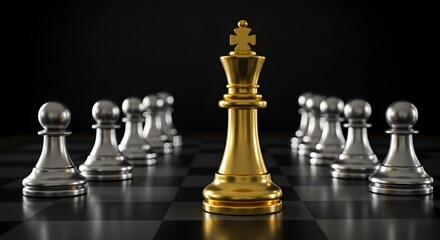 Golden Chess King Standing Among Chess Pieces: Leadership, Courage, and Business Strategy Concept