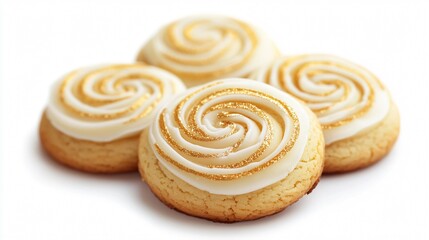 Fototapeta premium Mini vegan cookies with decorative icing swirls, styled with golden accents, isolated on white