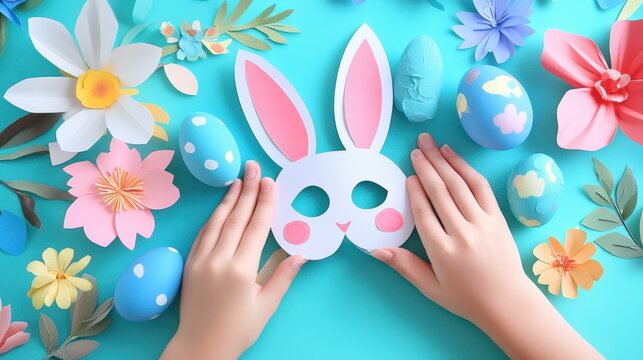 A person holds a colorful paper bunny mask against a bright blue background, celebrating the spirit of Easter.