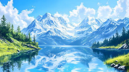 Fototapeta premium A serene mountain lake with snow-capped peaks reflecting in the crystal-clear water under a bright blue sky. Sparkling Lake. Illustration