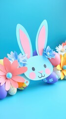 Obraz premium A vibrant blue background features colorful paper flowers alongside an adorable bunny face, celebrating the joy of Easter.