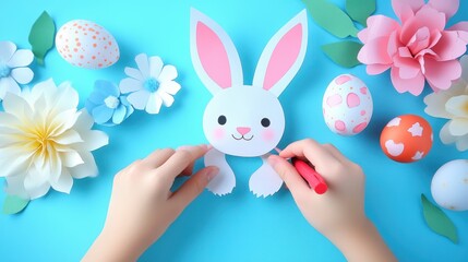 A creative individual crafts a bunny using colorful paper flowers and decorative paper eggs for Easter festivities.