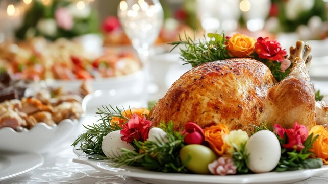 A festive Easter table setting featuring a beautifully cooked turkey surrounded by vibrant flowers and assorted dishes.