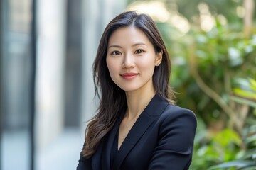 Professional woman posing confidently in urban environment surrounded by greenery
