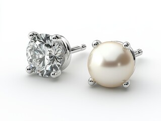 A pair of elegant earrings featuring a diamond and a pearl.