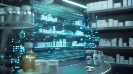 Futuristic pharmacy management system featuring a holographic projection of medicine stock levels, analyzing data and optimizing inventory control in a modern drugstore