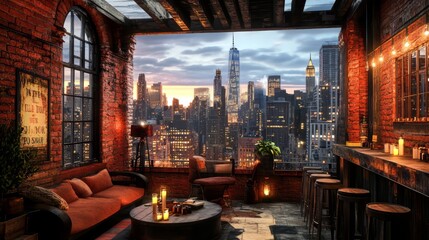 Romantic Rooftop Dinner Setting with a Captivating City Skyline at Sunset View