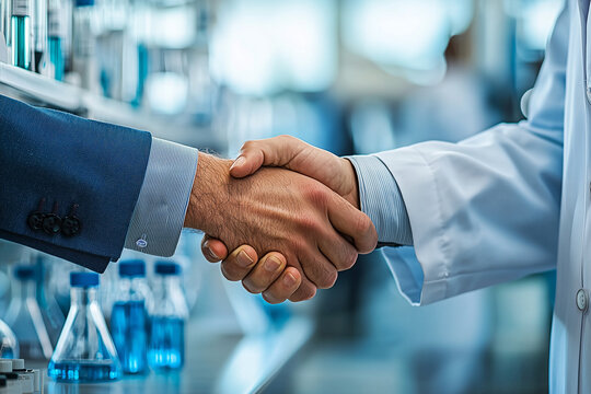 handshake between business professional and scientist in laboratory setting symbolizes collaboration and partnership in research and development - Powered by Adobe