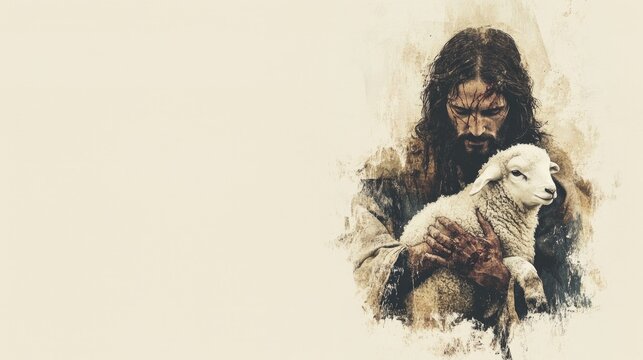 Jesus gently holds a serene lamb, surrounded by glowing light and neutral tones.