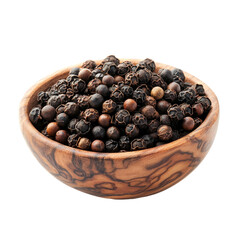 A wooden bowl filled with assorted peppercorns isolated on a transparent background for culinary use, peppercorn in wood bowl isolated on transparent background