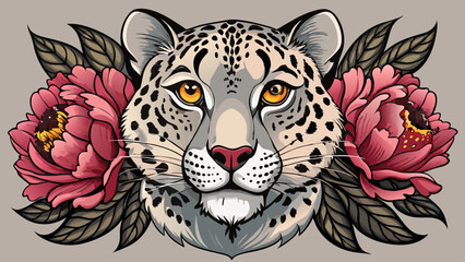a realistic cheetah head portrait with peony flowers drawn as a black and grey fineline illustration with minimal shading please © williamnoah