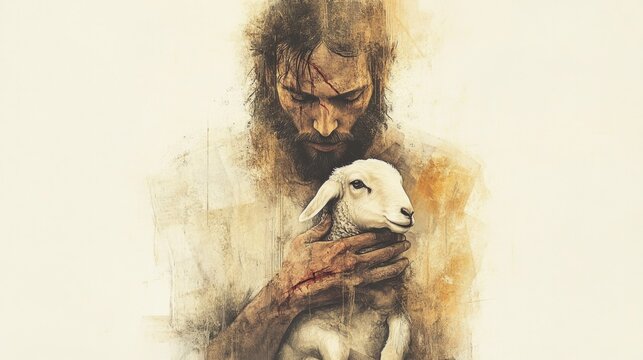 A close-up of Jesus cradling a lamb in His arms, His scarred hands emphasizing sacrifice and love.