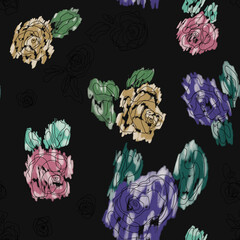 seamless floral pattern with color painted roses on black background