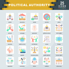 Obraz premium Political Authority icon set containing system, executives, senate, sanction, policy, activism, campaign, political science, civil liberties, monetary policy icon. Simple flat vector