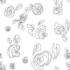 seamless lineart roses pattern, background with scattered roses, scrabble