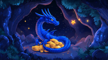 Obraz premium Majestic blue dragon coiled around golden treasure in a dark cavern at night. Starry Cavern. Illustration