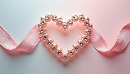 Obraz premium Luxurious Heart-Shaped Pink Pearl and Diamond Arranment on Soft Pink Ribbon Background
