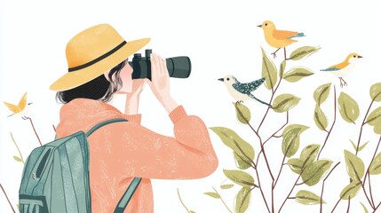 Woman Bird Watching Cinematic contrast modern style illustration.