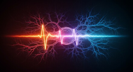 Colorful artistic heartbeat graph in vibrant neon glow connecting neural networks symbolizing medical innovation, health, and futuristic science