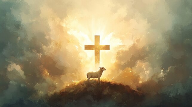 A symbolic depiction of a lamb at the cross, with soft light radiating through heavenly clouds."
