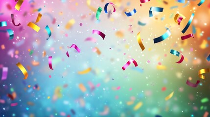A vibrant explosion of colorful confetti in shades of pink, gold, and blue, set against a dreamy gradient background.