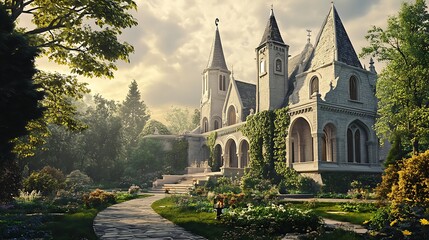 Fototapeta premium overhead view of bishops palace with surrounding landscape