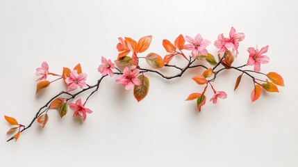 Fototapeta premium A delicate arrangement of pink and orange flowers with green leaves on a white background, creating a serene and vibrant atmosphere.