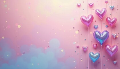 Vibrant Heart-Shaped Balloon Arranment in Pink, Blue, and Purple Against Soft Background