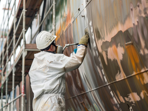 Industrial Maintenance Worker Applying Anti-Corrosion Coating on Ship Hull in Dry Dock