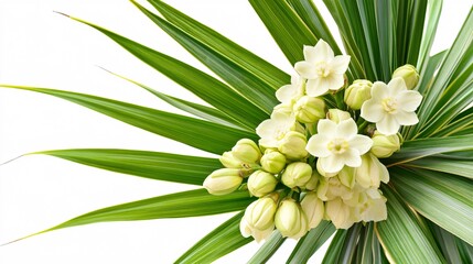 Fototapeta premium Beautiful composition of white flowers and green leaves, creating a fresh and vibrant arrangement.
