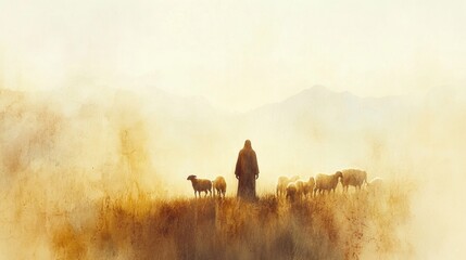 A serene image of Jesus leading a grateful lamb toward the safety of its flock.