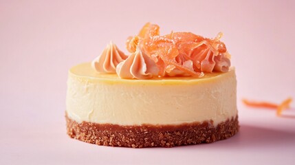 Pomelo cheesecake with candied pomelo zest and a buttery graham crust, isolated on a soft pink background