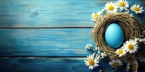 A blue egg rests in a nest surrounded by daisies on a rustic blue wooden background, symbolizing Easter's beauty and renewal.