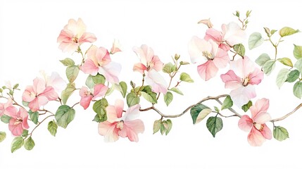 Delicate pink bougainvillea flowers gracefully intertwine with lush green leaves, creating a soft, romantic atmosphere.