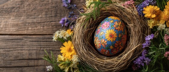 A vibrant painted egg rests in a nest adorned with beautiful flowers, symbolizing Easter's joy and renewal.