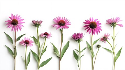 Obraz premium A vibrant display of pink echinacea flowers against a clean white background, showcasing their natural beauty.
