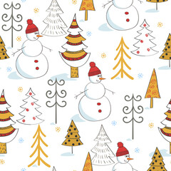 Merry Christmas seamless pattern with cute cartoon snowman and fir trees. Vector holiday winter background