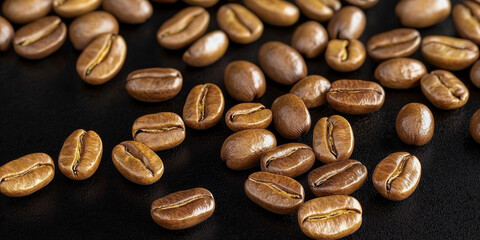 Naklejka premium Rich coffee beans on a black table, captured in deep realism, bringing every texture to life