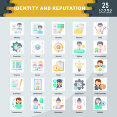 Identity and Reputation icon set containing Identity, Bio, Resume, Skills, Expertise, Vision, Mission, Tagline, Achievements, Projects icon. Simple flat vector
