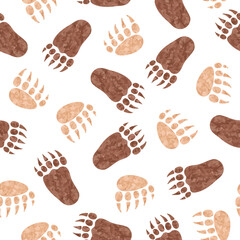 Cute bear footprints seamless pattern. Vector watercolor paws illustration