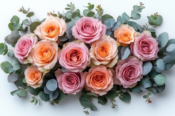 Naklejka premium A vibrant arrangement of roses and eucalyptus leaves on a light background.