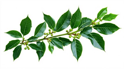 Fototapeta premium Lush green branch adorned with glossy leaves and immature berries against a clean white background.