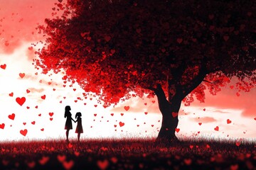 Valentine's day, tree with hearts, mother and daughter under the tree, two silhouettes