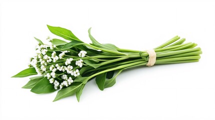 Obraz premium A fresh bouquet of lily of the valley flowers with vibrant green leaves, tied together with a natural twine.